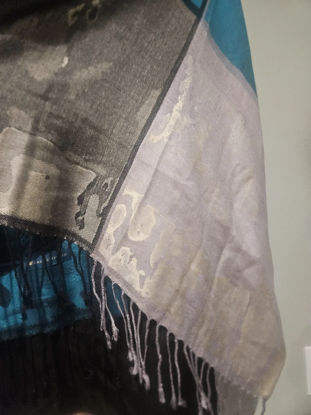 Vintage Ama Waterways Silk Feel Fringe Shawl Wrap Scarf Blue Abstract